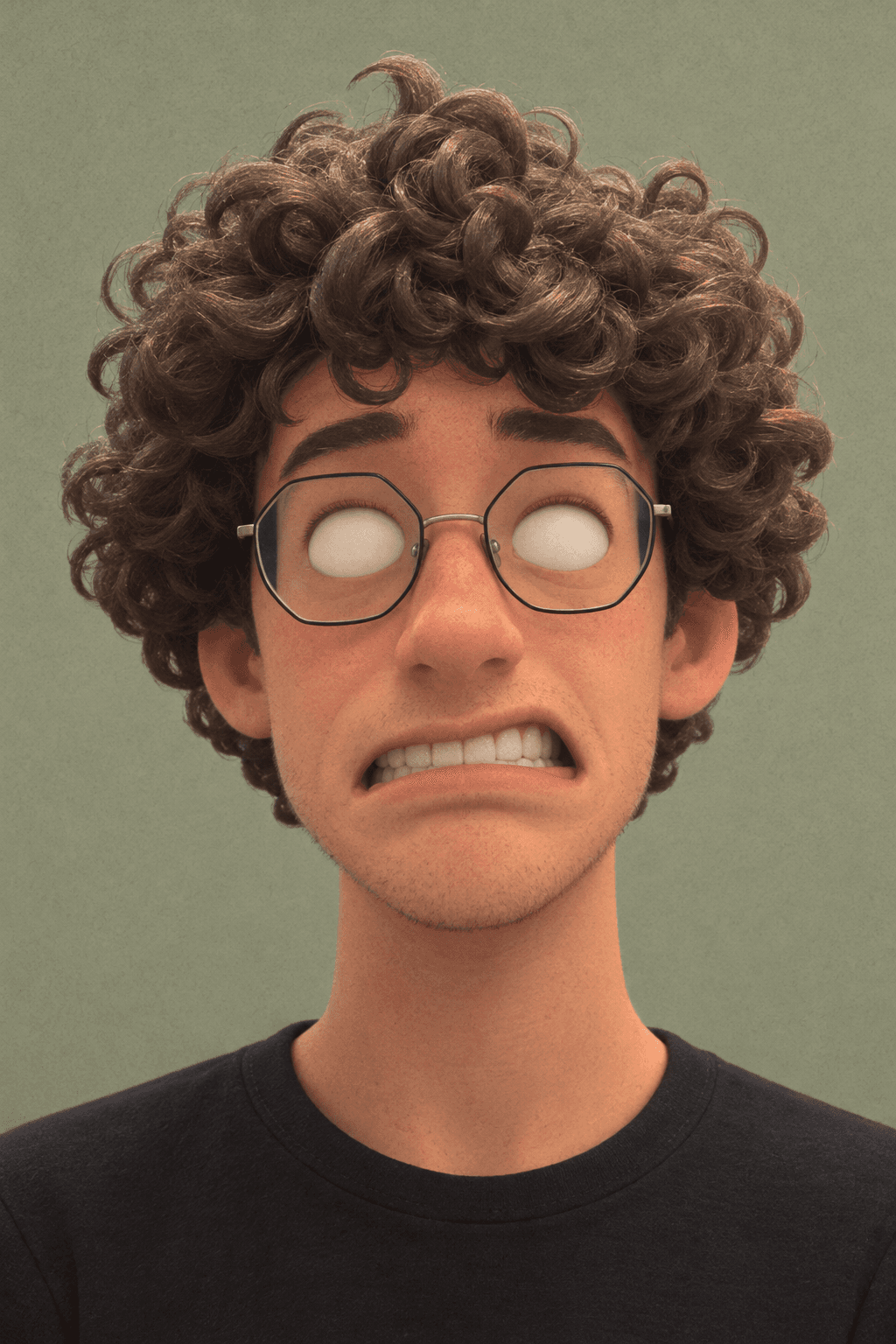 Stylised portrait of Kamil Szulc pulling a face, curly hair and round glasses
